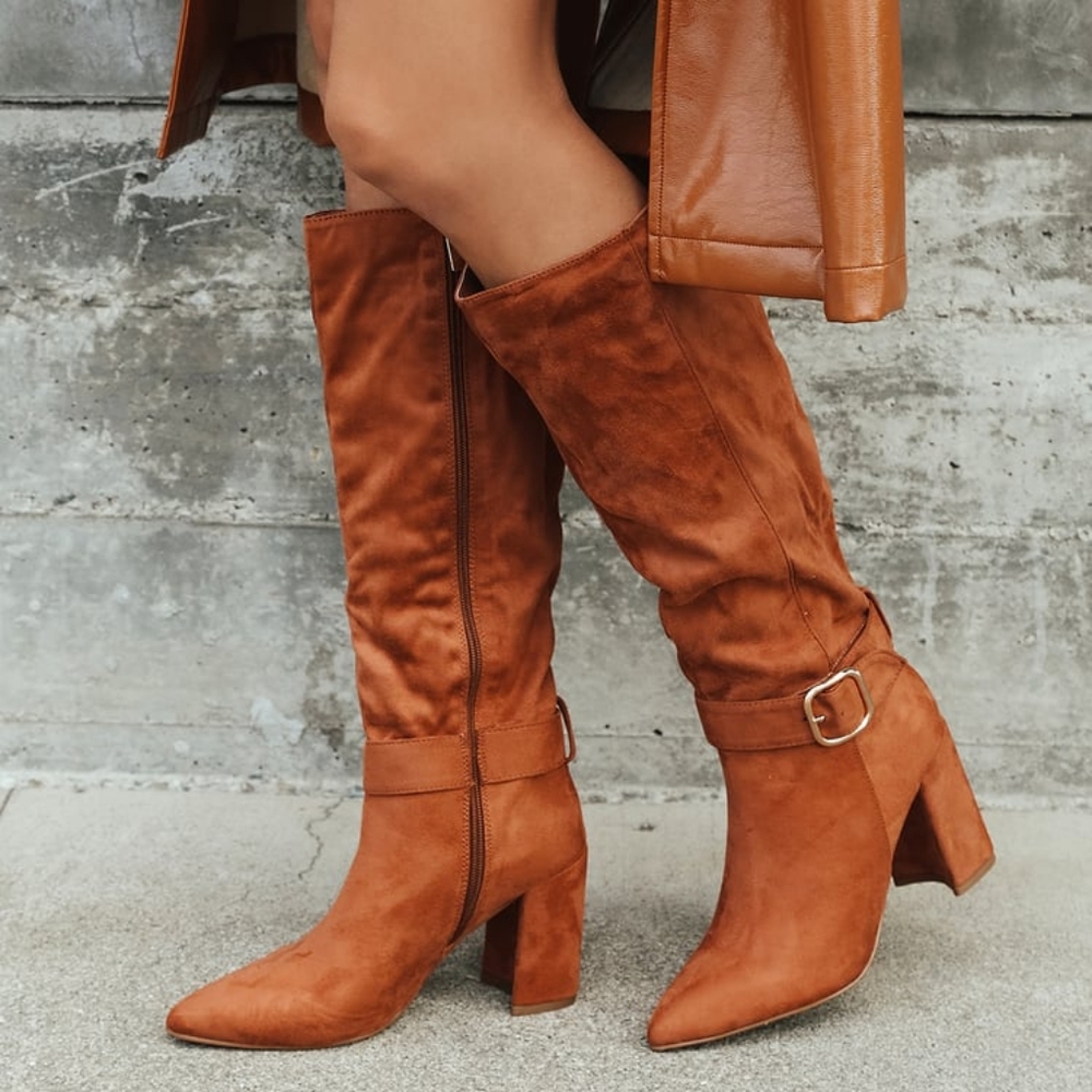 Lulus Katana Cognac Suede Pointed-Toe Knee-High Boots